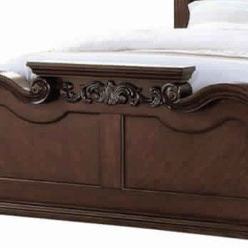 Benzara BM168658 Carved/Upholstered Black PU Tufted Wooden E.King Bed, Walnut