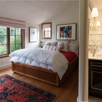 Red Bedroom and Black and White Bath