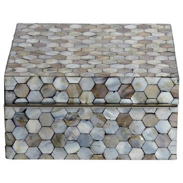 Luxe Mother of Pearl Inlaid Decorative Box  Square 9" Hexagon Honeycomb Shell