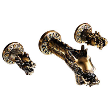 Ferrara Antique Brass Dragon Shaped Dual Handle Wall Mounted Bathroom Faucet