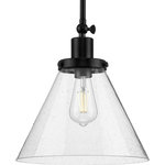 Progress Lighting - Hinton 1-Light Seeded Glass Matte Black Industrial Pendant Light - Enjoy focused task lighting with the Hinton Collection 1-Light Seeded Glass Matte Black Industrial Pendant Light. A light source glows from within a clear seeded glass shade for focused task light with unexpected visual texture. A vintage light base with round decorative knobs is coated in a sleek matte black finish for modern industrial character. The light base attaches to a metal stem that suspends from the ceiling plate. For ideal illumination, use 1 medium base bulb that is sold separately (100w max - LED/CFL/incandescent). The hanging light is compatible with dimmable bulbs. Incorporate clear light bulbs for a pinch of contemporary shine or opt for vintage bulbs to enhance the light fixture's rustic demeanor. The pendant's industrial design is ideal for any foyer, dining room, kitchen, breakfast nook, entryway, living room, or bedroom in coastal, farmhouse, transitional, or vintage electric style settings. It's time to breathe new life into the mundane every day with timeless and truly transformative bathroom lighting. Make your purchase today to begin your journey to a whole new lighting experience. Progress Lighting products are designed for exceptional quality, reliability, and functionality.