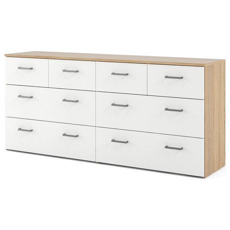 Tvilum Space Low Profile 8 Drawer Double Dresser in Oak Structure & White