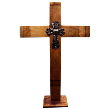 Cross, Wine Barrels With Stand Large Handmade With Smallall Metal Cross