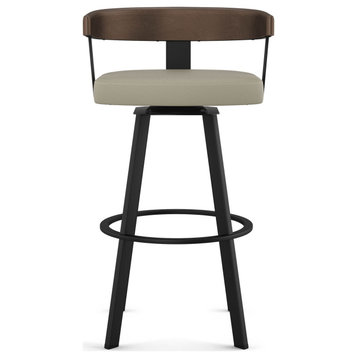 Amisco Lars Counter and Bar Stool, Greige Faux Leather / Brown Wood / Black Metal, Bar Height