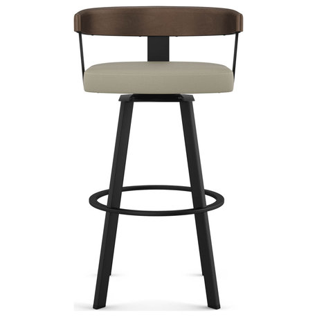 Amisco Lars Counter and Bar Stool, Greige Faux Leather / Brown Wood / Black Metal, Bar Height
