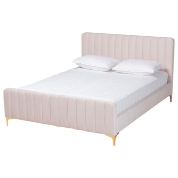 Kristiane Modern Luxe Light Pink Velvet Fabric and Gold Full Platform Bed