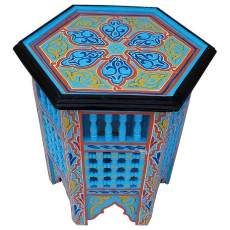 Moroccan Hexagonal Wooden Hand Painted Side Table, Musharabi Light Blue