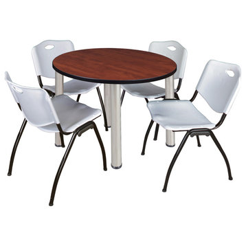 Kee 36 Round Breakroom Table- Cherry/ Chrome & 4 'M' Stack Chairs- Grey