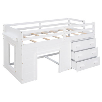 Gewnee Twin Size Wood Loft Bed with Cabinets and Shelves in White