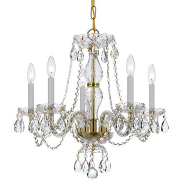 Traditional Crystal 5 Light Chandelier, Polished Brass, Clear Hand Cut, 21"