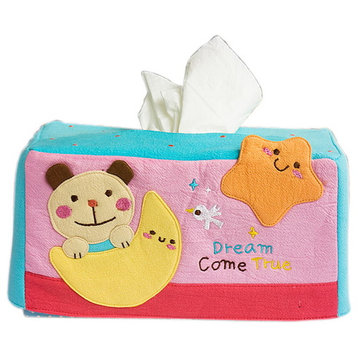 Bear & MoonEmbroidered Applique Fabric Art Tissue Box Cover Holder(8.7*4.5*4.5)