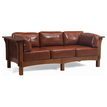 Mission Crofter Style Sofa Solid Quarter Sawn White Oak and Leather Cushions, Russet Leather