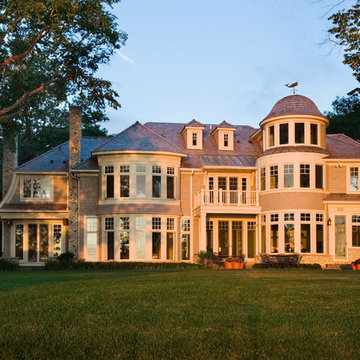 Lake Side Elevation of Cape Cod Stone and Shingle Style House