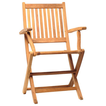 Set of 2 Folding Chair, Teak Wood Construction With Slatted Seat & Arms, Natural