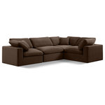 Meridian Furniture - Comfy Upholstered L-Shaped Modular Sectional, Brown, 4-Piece: 1 Armless Chair, 3 Corner Chair, Velvet - Give your space a whole new look with this brown Comfy velvet sectional. This handsome sectional fits nicely with other items in the Comfy collection and is a versatile seating option designed for adaptability, comfort and style. Wrapped in rich brown durable velvet upholstery, this sectional offers a plush embrace of overstuffed down feather cushions, carefully crafted to deliver the highest level of comfort. The perfect seat for creating an oasis for relaxation, this sectional has thick foam surrounding its frame for added support and coziness.