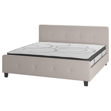 Tribeca King Size Tufted Upholstered Platform Bed in Beige Fabric with 10...