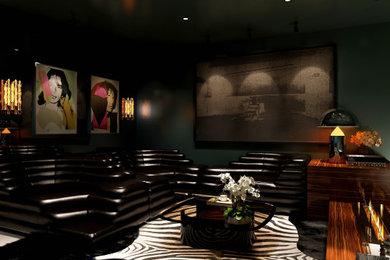 Modelo de salón abierto minimalista grande con paredes verdes, moqueta, chimenea lineal, marco de chimenea de madera, suelo beige y cortinas