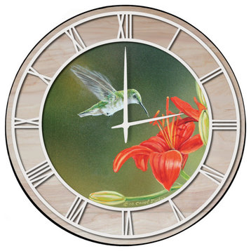 Wall Clock With Woodgrain Accent, Lily Ruby Throat, White Numbers, 24"x24"