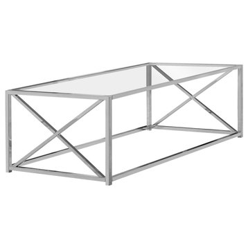 Coffee Table, Cocktail, Rectangular, 44"L, Metal, Tempered Glass, Chrome, Clear