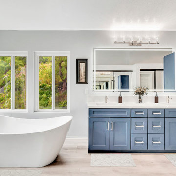 Laguna Hills Bathroom Remodel with Freestanding Tub & Blue Double Vanity