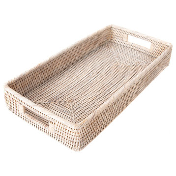 Artifacts Rattan Rectangular Tray With Rounded Corners, White Wash