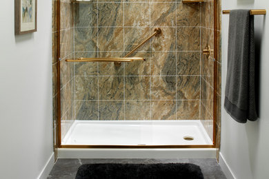 Inspiration for a mid-sized timeless master ceramic tile and gray floor bathroom remodel in Louisville with gray walls