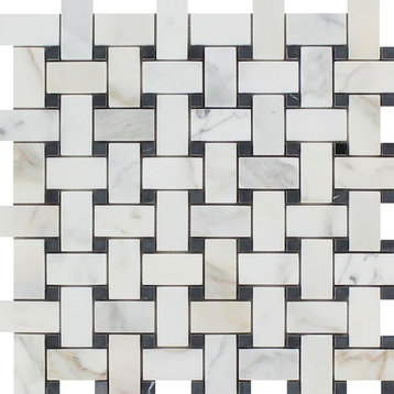 Calacatta Honed Marble Basketweave Mosaic With Black Dots, 10 sq.ft.