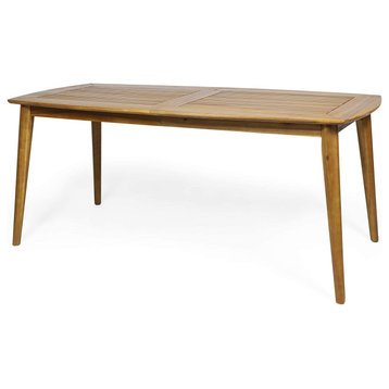 Contemporary Outdoor Dining Table, Acacia Wood With Slatted Top, Teak Finish