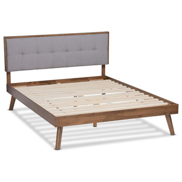 Queen Platform Bed, Angled Legs & Padded Polyester Headboard, Light Grey/Walnut