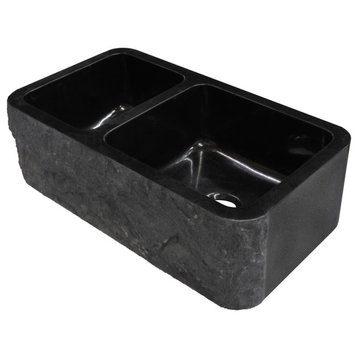 Reversible 60/40 Double Bowl Kitchen Sink, Black Granite With Natural Apron