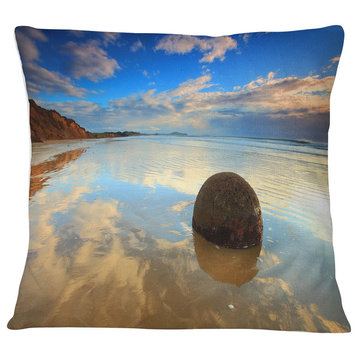 Sunrise at Moeraki Boulders Seashore Photo Throw Pillow, 16"x16"