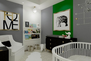 Inspiration for a small transitional nursery for boys in Toronto with grey walls, carpet and grey floor.