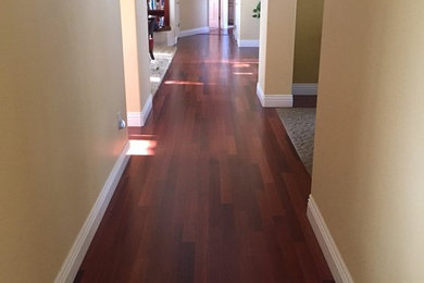 Inspiration for an expansive traditional hallway in San Francisco with yellow walls and dark hardwood floors.