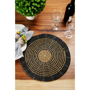 Round Striped Gray & Natural Seagrass Placemats, Set of 4