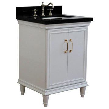 25" Single Vanity, White Finish With Black Galaxy And Rectangle Sink