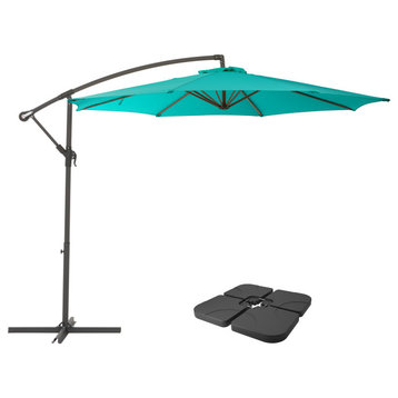 CorLiving 9.5ft Offset Turquoise Fabric Patio Umbrella and Base Weight
