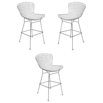 Home Square Wireback 24" Metal Counter Stool in Silver and White - Set of 3