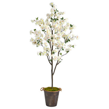 6 Cherry Blossom Artificial Tree, Decorative Metal Pail With Rope