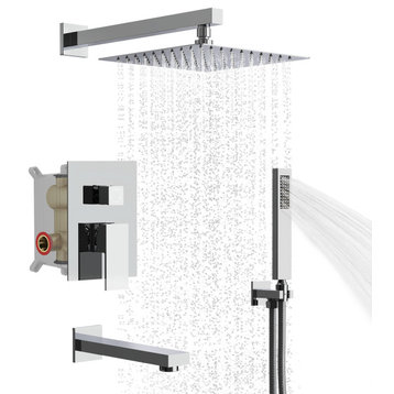 Wall Mounted Rain Shower Head Tub Shower Faucet Set with Rough-in Valve, Chrome, 10"