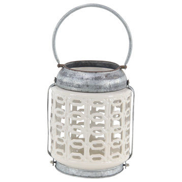 White Stoneware Coastal Candle Holder Lantern, 10" x 8" x 8"