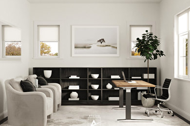 Diseño de despacho actual de tamaño medio con paredes blancas, suelo de madera oscura, escritorio independiente y suelo negro