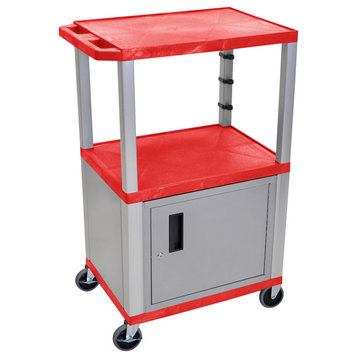 Luxor Red Tuffy 3-Shelf 42" AV Cart With Nickel Legs, Cabinet and Electric