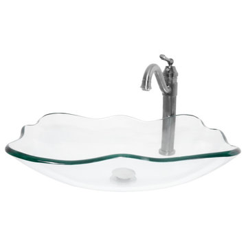 Clear Scalloped Tempered Glass Vessel Bathroom Sink with Faucet and Drain, Gunmetal