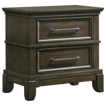 Traditional Nightstand, Rubberwood Construction With 2 Storage Drawers, Gray
