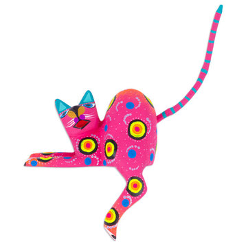 Novica Handmade Placid Feline In Pink Wood Alebrije Figurine