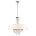 Livex Lighting - Carlisle 5-Light Pendant, Brushed Nickel - A contemporary style pendant from the Carlisle collection. The design features a brushed nickel housing and canopy, with hanging strands of beautiful clear crystal. A hand crafted off white fabric hardback drum shade surrounds the crystals and fixture frame, and creates a magnificently sophisticated look.