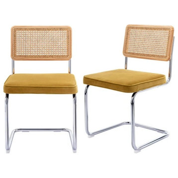 Set of 2 Dining Chair, Cantilever Design With Padded Seat & Rattan Back, Yellow