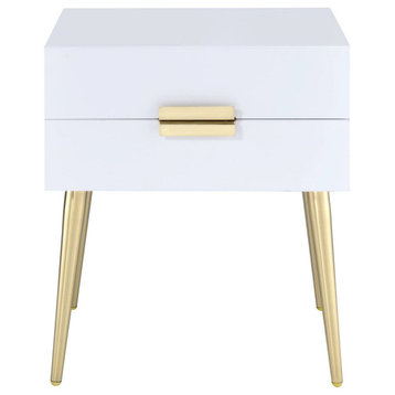 Contemporary Retro Side Table, Spacious Storage Drawers With Golden Pulls, White