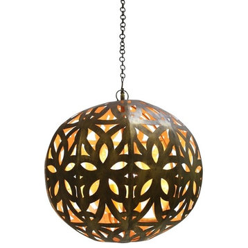 Dark Gold Floral Cutout Pendant Light, Round Globe Sphere Chandelier