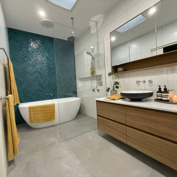 Teal herringbone feature tile - Bathroom